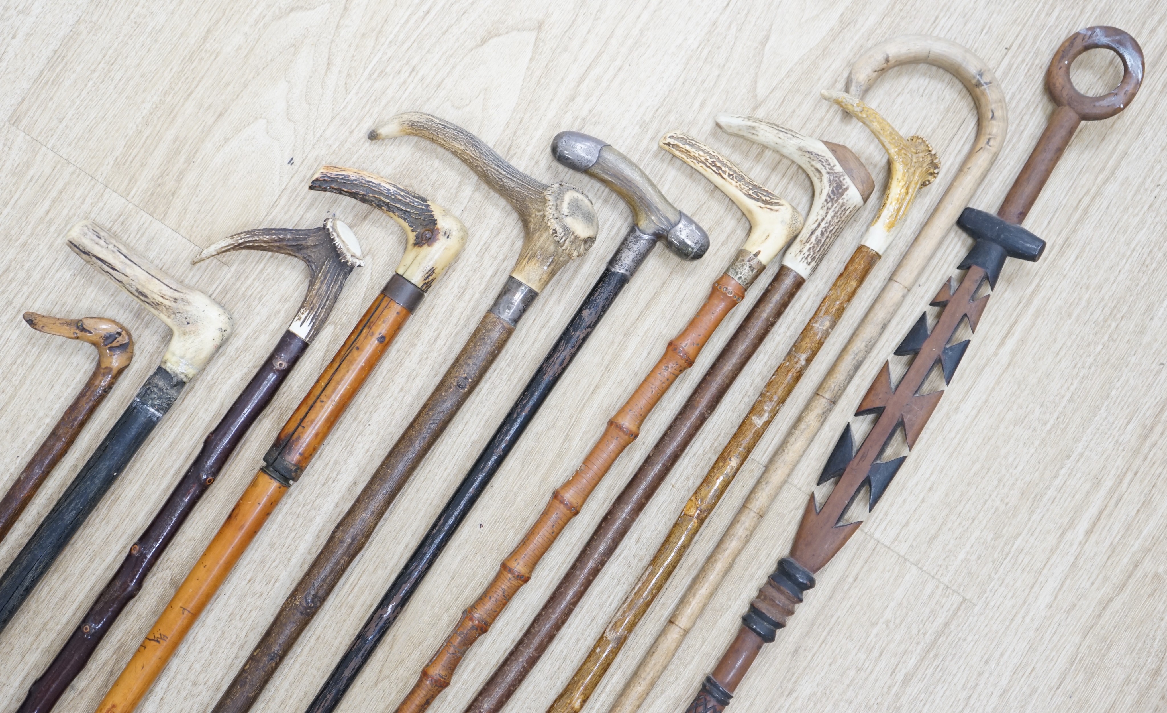 Twelve assorted walking sticks including silver mounted and staghorn handled